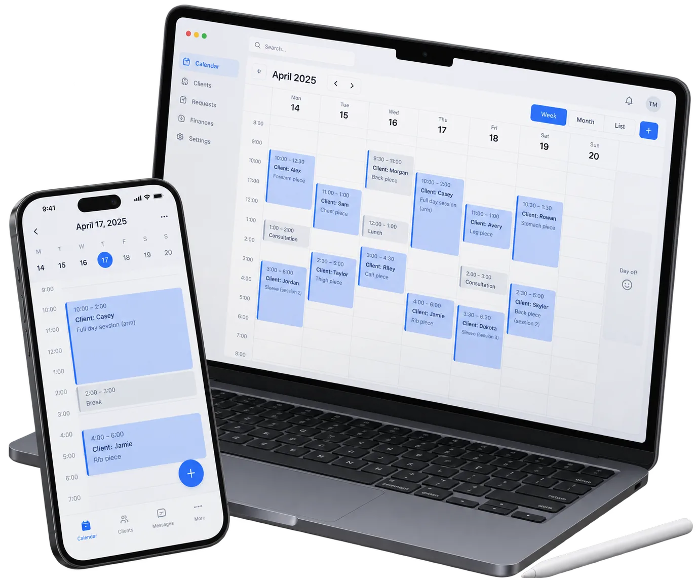Booking calendar full of tattoo appointments — desktop and phone